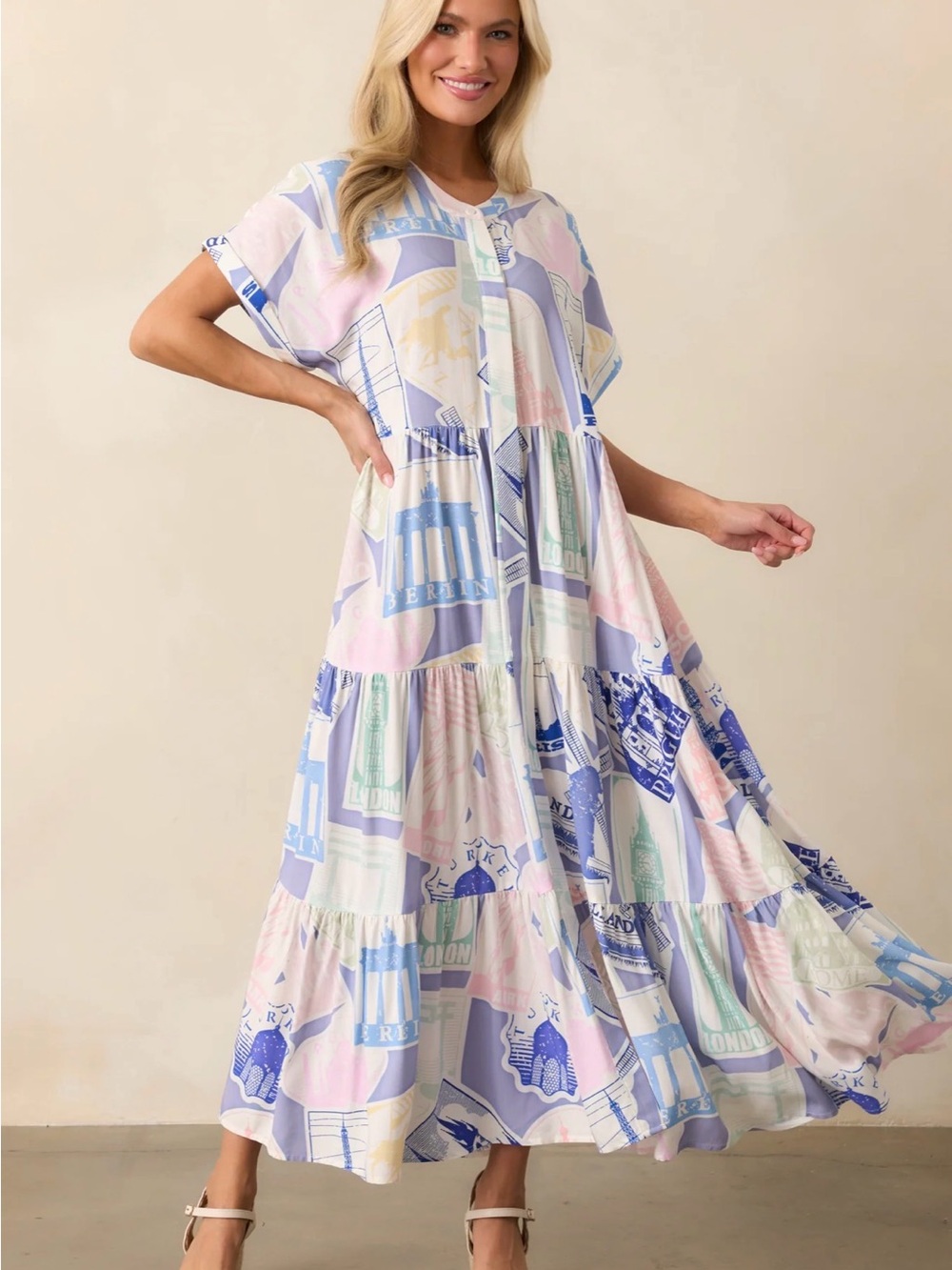 Prosperina MALLORY PASSPORT PRINT BLUE DRESS size Small oversized NWT
